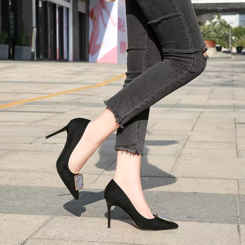 Women's Pointed Toe Square Buckles Shallow Stiletto Heel Pumps