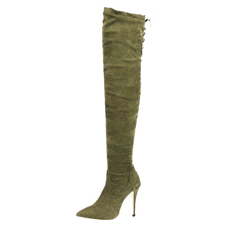 Women's Pointed Toe Stiletto Heel Side Zippers Back Tied Over the Knee Boots