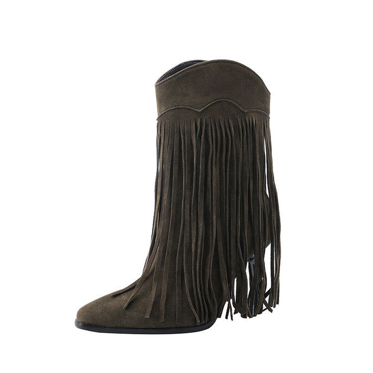 Women's Pointed Toe Tassel Stiletto Heel Mid-Calf Boots