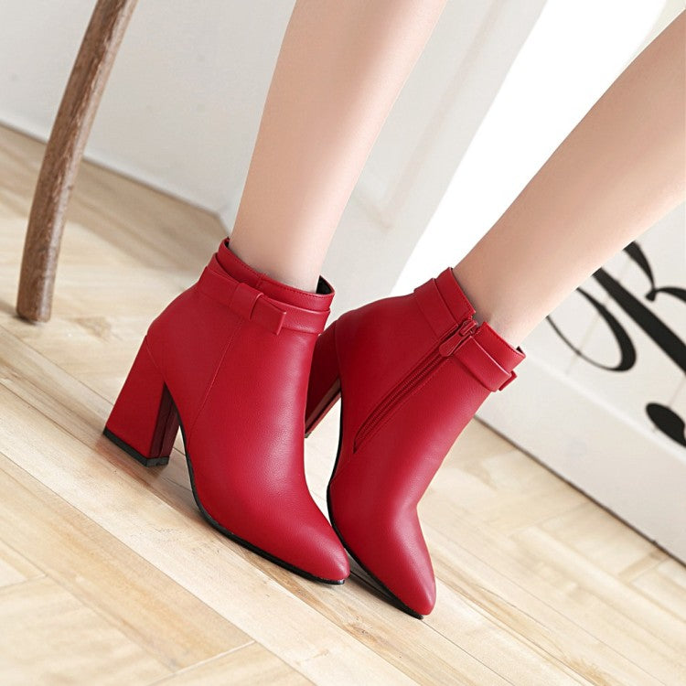 Women's Pu Leather Pointed Toe Bow Tie Side Zippers Block Chunky Heel Short Boots