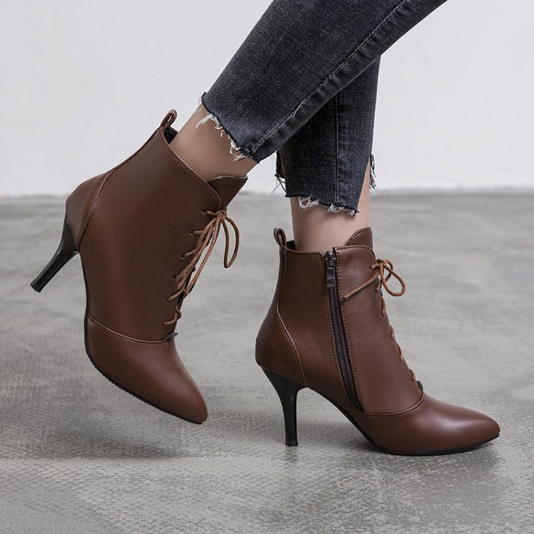 Women's Pu Leather Pointed Toe Lace Up Stiletto Heel Short Boots