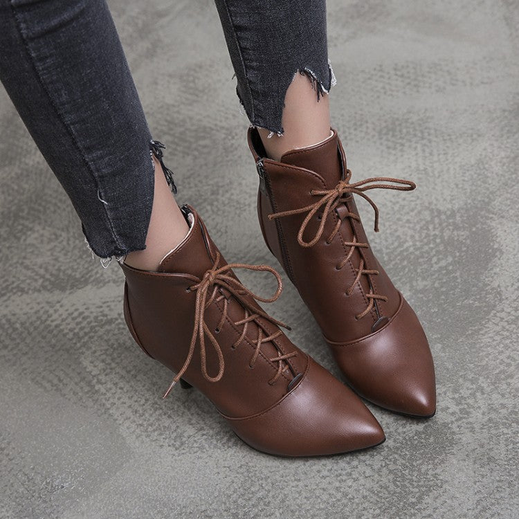 Women's Pu Leather Pointed Toe Lace Up Stiletto Heel Short Boots