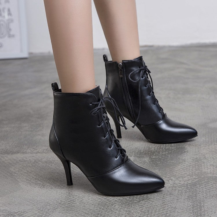 Women's Pu Leather Pointed Toe Lace Up Stiletto Heel Short Boots