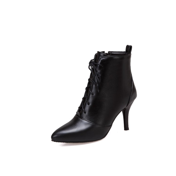 Women's Pu Leather Pointed Toe Lace Up Stiletto Heel Short Boots