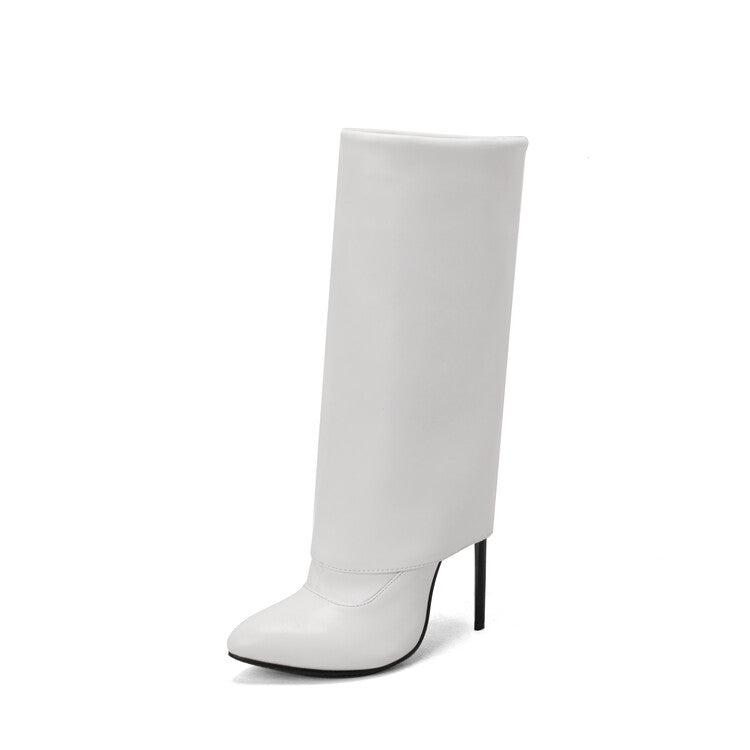 Women's Pu Leather Pointed Toe Side Zippers Fold Stiletto Heel Mid-Calf Boots