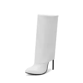 Women's Pu Leather Pointed Toe Side Zippers Fold Stiletto Heel Mid-Calf Boots