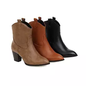 Women's Pu Leather Pointed Toe Stitch Block Chunky Heel Ankle Boots