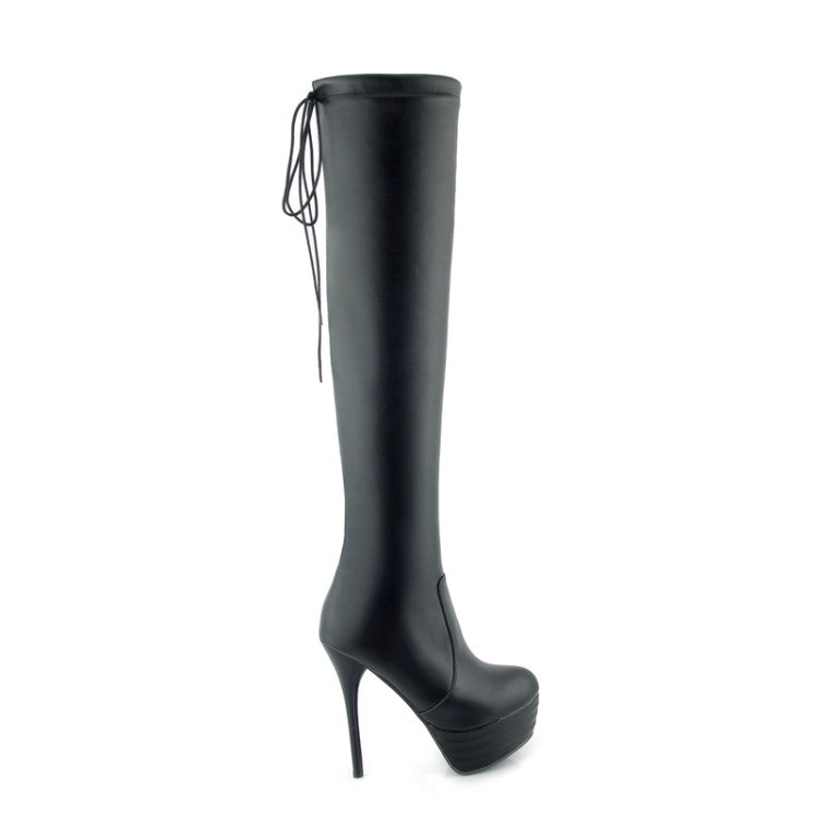 Women's Pu Leather Round Toe Back Tied Straps Stiletto Heel Platform Over-The-Knee Boots