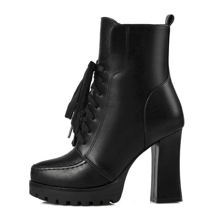 Women's Pu Leather Stitch Round Toe Lace Up Spool Heel Platform Short Boots