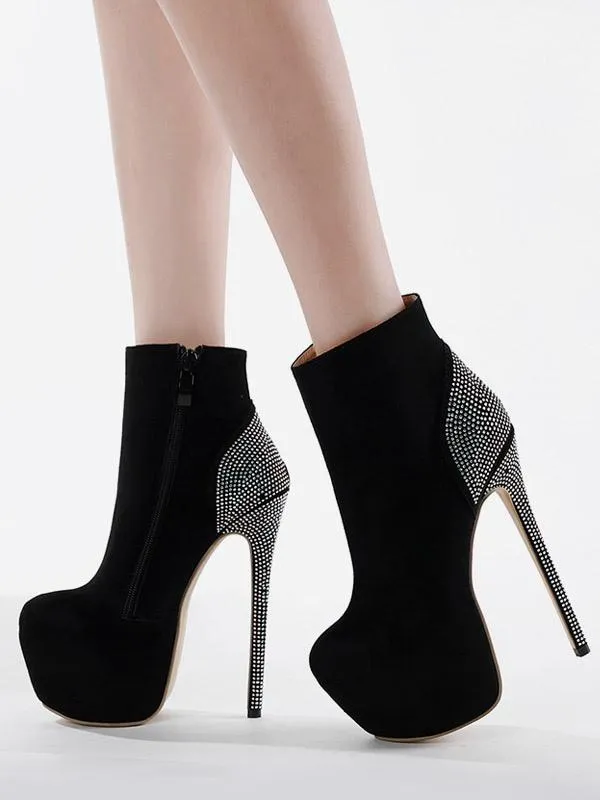 Women's Rhinestones Round Toe Stiletto Heel Booties