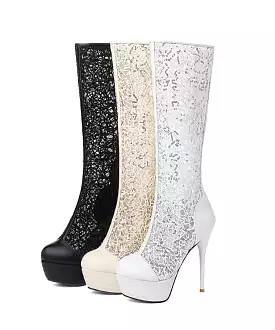 Women's Round Toe Lace Back Zippers Stiletto Heel Platform Mid-Calf Boots