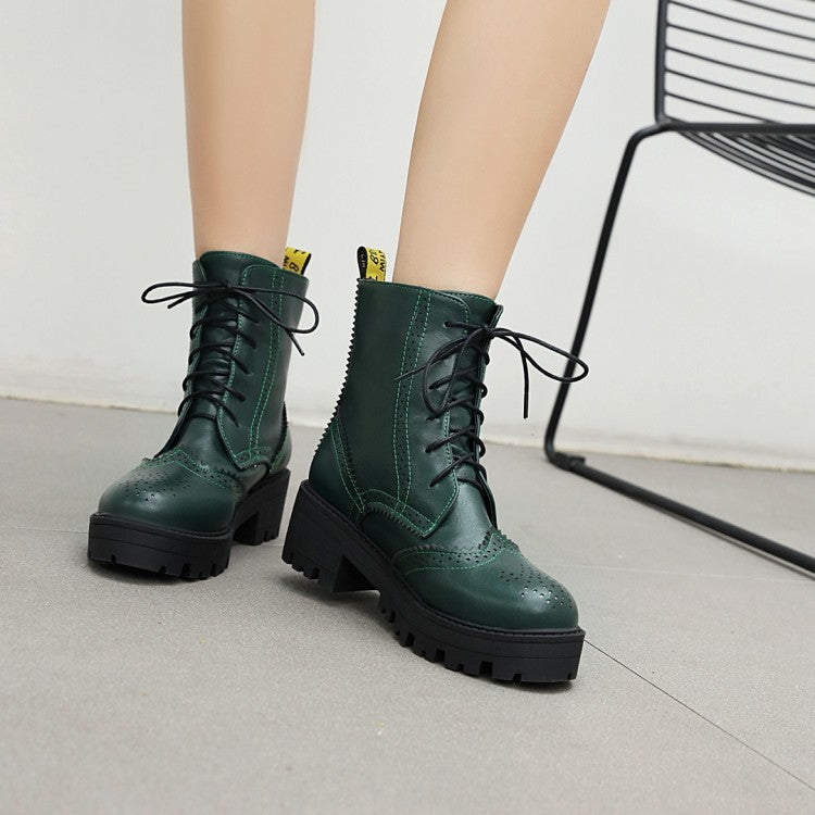 Women's Round Toe Lace-Up Block Chunky Heel Platform Short Boots