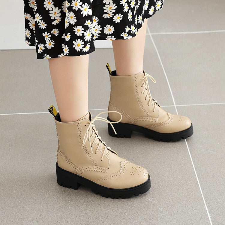 Women's Round Toe Lace-Up Block Chunky Heel Platform Short Boots