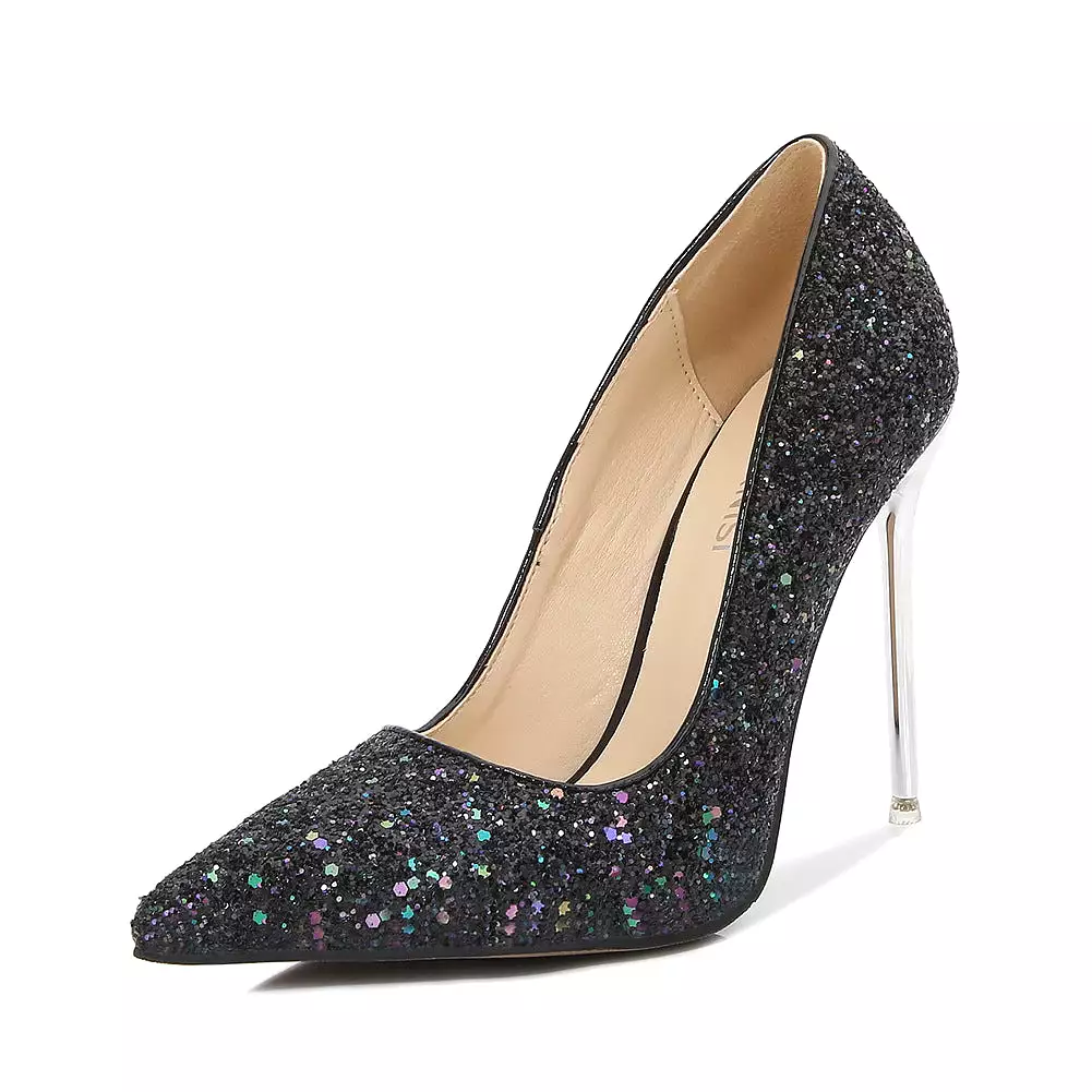 Women's Sequins Pointed Toe Shallow Stiletto Heel Bridal Wedding Shoes Pumps