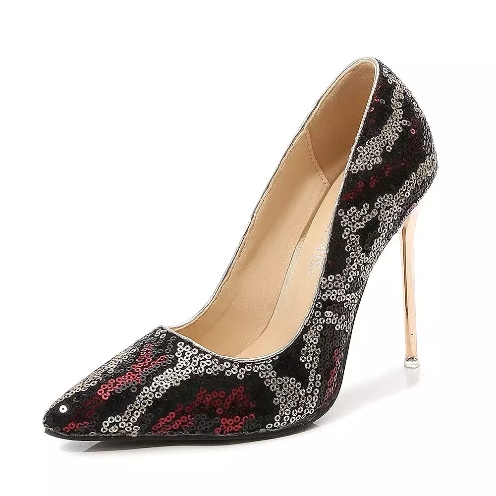 Women's Sequins Pointed Toe Shallow Stiletto Heel Pumps