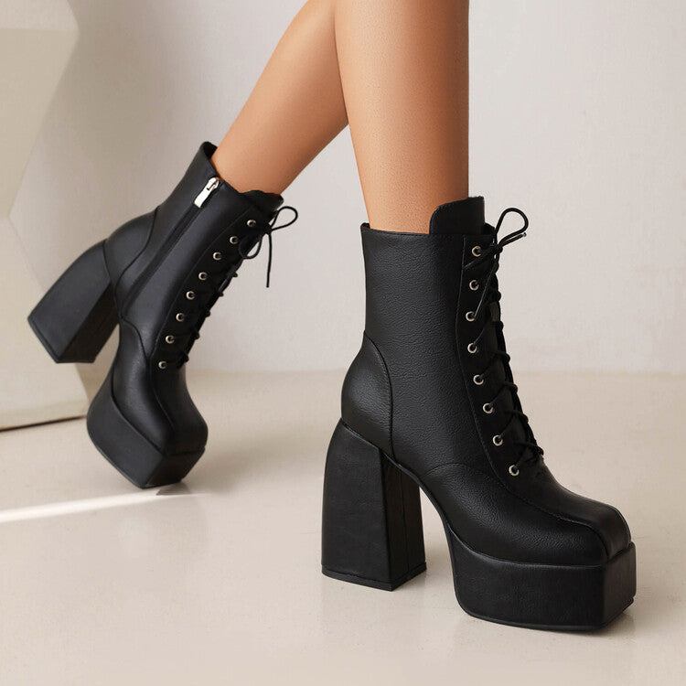 Women's Square Toe Lace-Up Side Zippers Block Chunky Heel Platform Ankle Boots