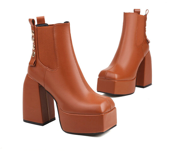 Women's Square Toe Rivets Block Chunky Heel Platform Ankle Boots