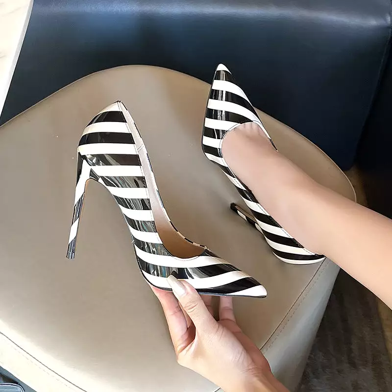 Women's Stripes Pointed Toe Shallow Stiletto Heel Pumps