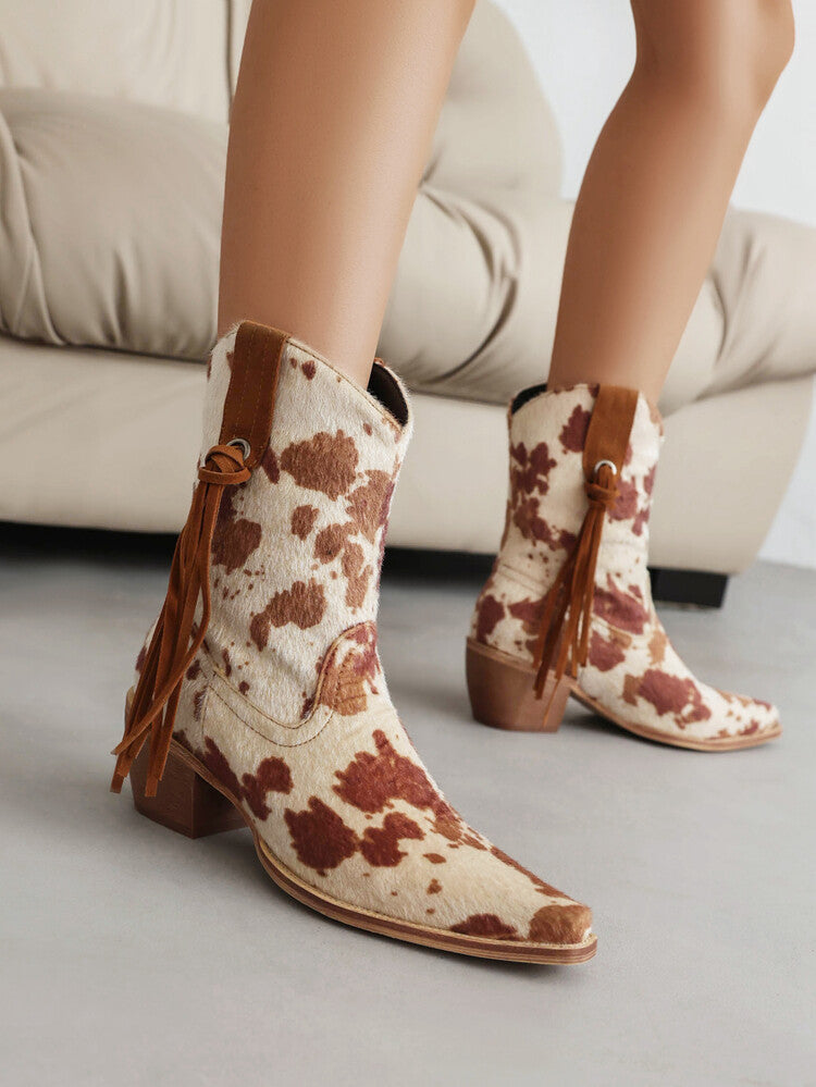 Women's Western Pointed Toe Beveled Heel Leopard Patterns Short Boots